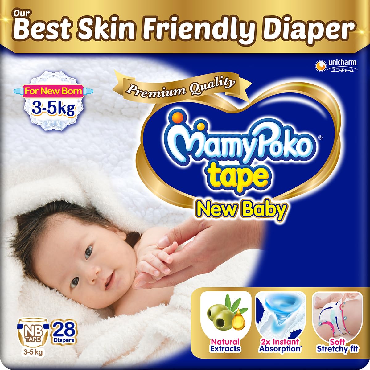 Mamypoko New Baby| Tape Style Baby Diapers, 28 Count, 35Kg||2X Instant Absorption| Soft Stretchy Fit |Natural Extracts For Nour