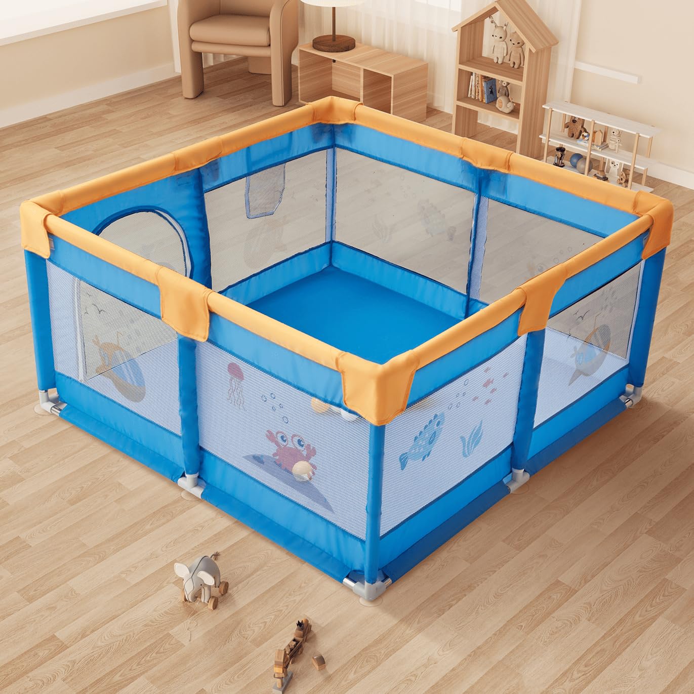 Dawnwake 120X120 Cm Playpen For Baby Up To 3 Years With Safety Lock & AntiFall Grasp Rings (No Ball/No Mat, NonFoldable)  Blu