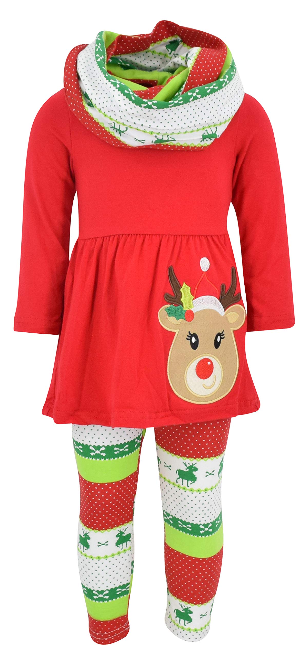 Unique Baby Girls 3 Piece Christmas Reindeer Legging Set Outfit (3 Years, Red)