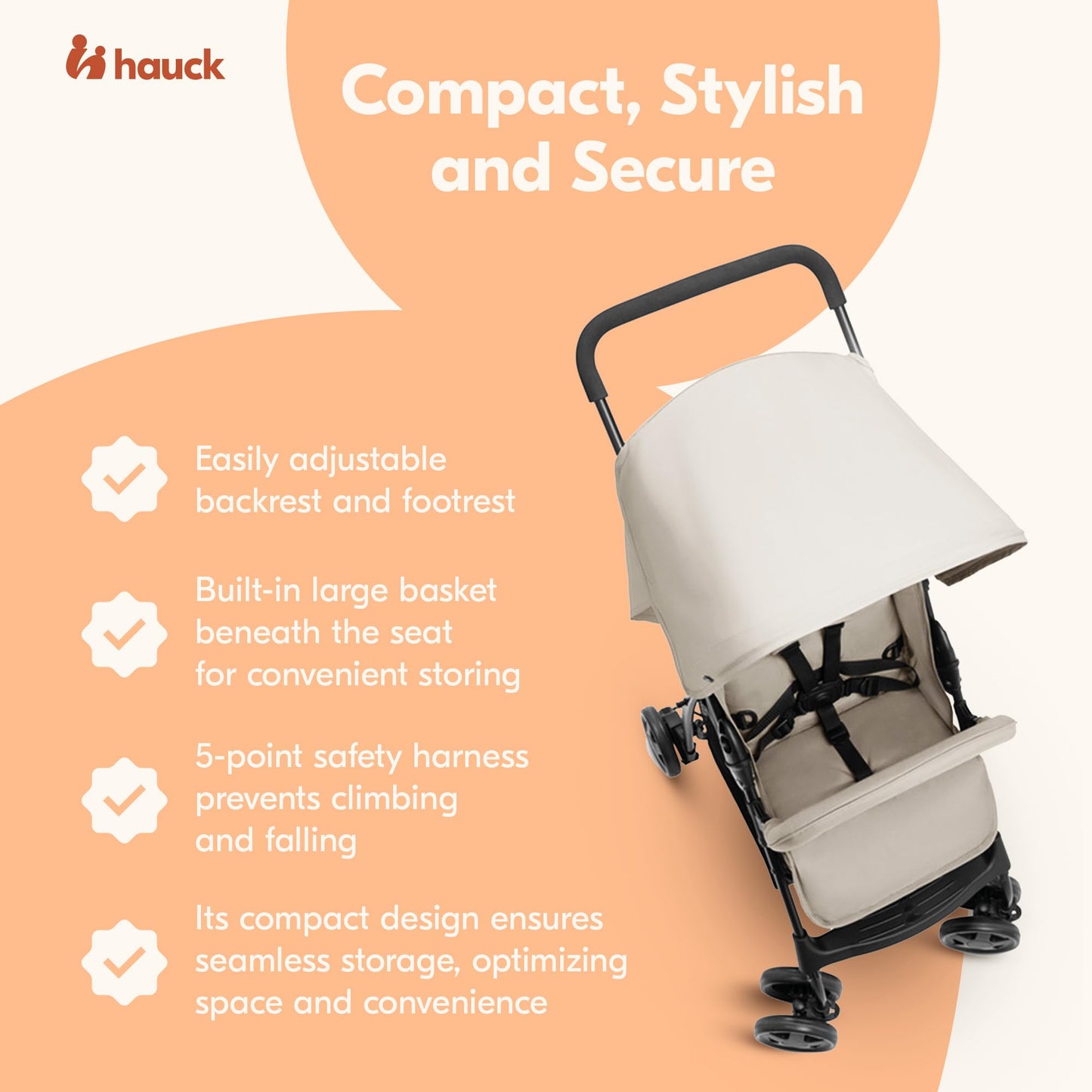 Hauck Lightweight And Compact Travel Baby/Toddler Foldable Stroller, Sport, Beige