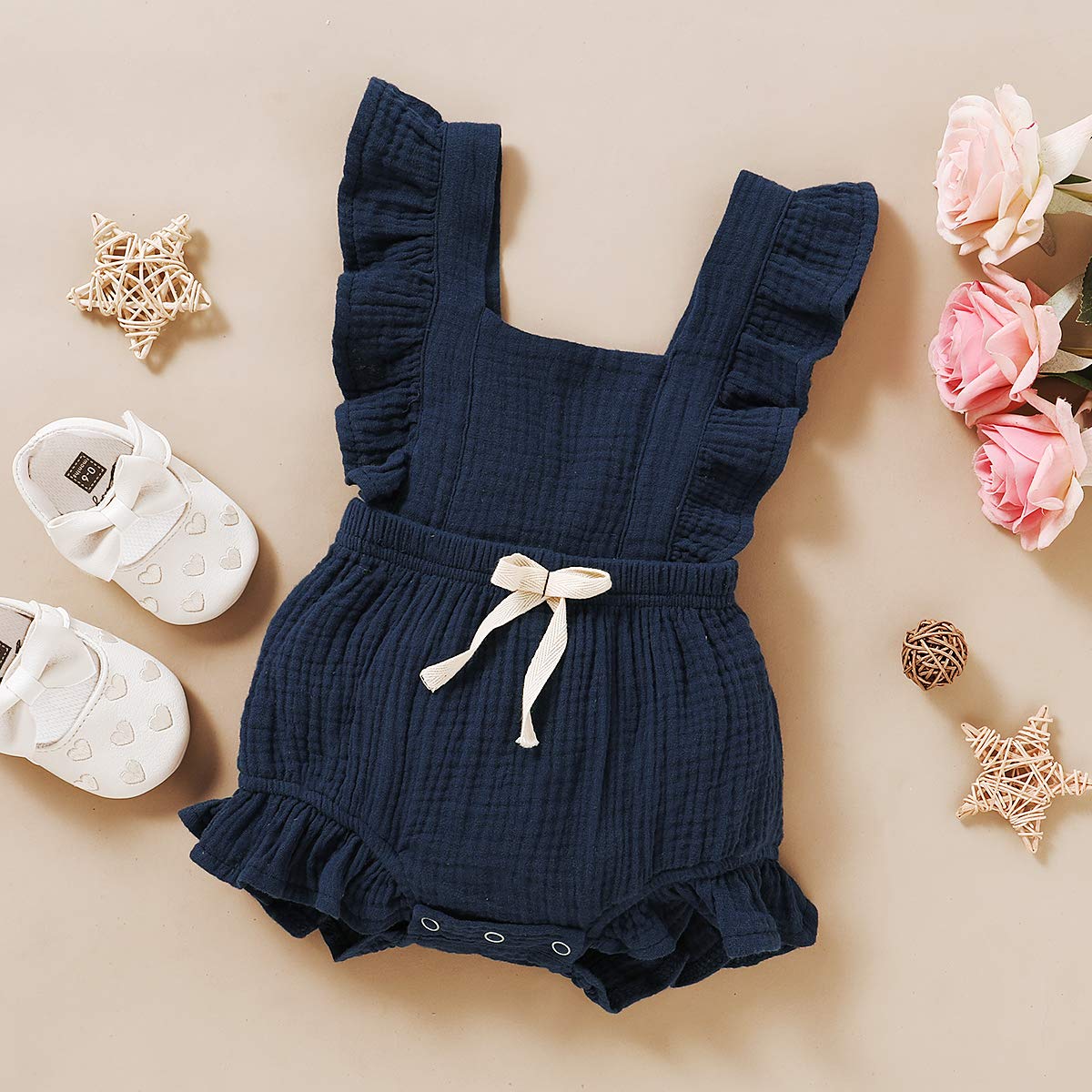 Younger Tree Toddler Baby Girl Ruffled Sleeveless Romper Casual Summer Jumpsuit Cotton Linen Clothes (Blue, 3-6 Months)