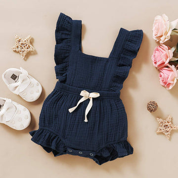 Younger Tree Toddler Baby Girl Ruffled Sleeveless Romper Casual Summer Jumpsuit Cotton Linen Clothes (Blue, 3-6 Months)