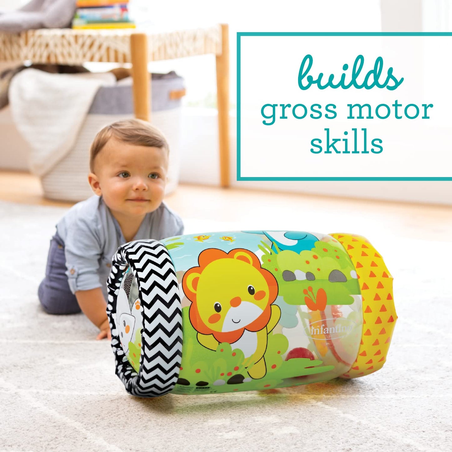 Infantino Jungle Peek & Roll - Encourages Crawling, Inflatable Activity Toy with Bouncing Balls Inside, Fun & Friendly Animal Ch