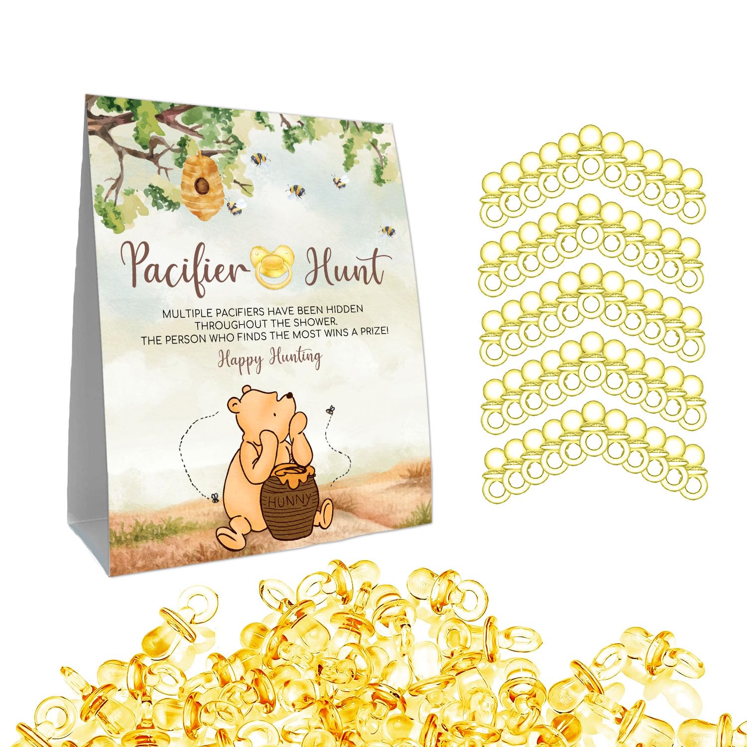 Guawubiang Winnie Mini Pacifiers Baby Shower Game, Pacifiers Hunt Sign, Classic Pooh Baby Shower Game Set, 50Pcs Yellow Mini Pac