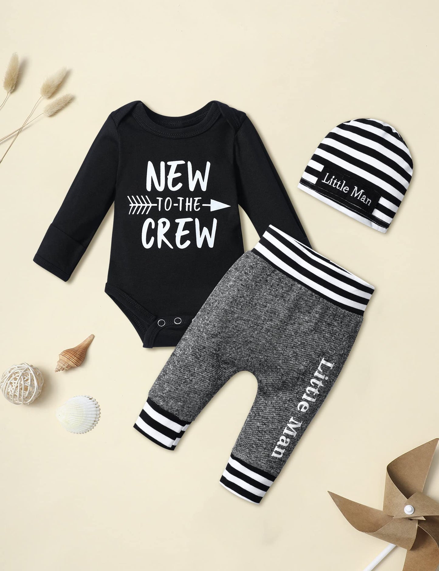Baby Boy Clothes 0-3 Months Infant Outfits New To The Crew Long Sleeve Romper+ Little Man Pants+ Striped Hat 3Pcs Baby Boy Fall