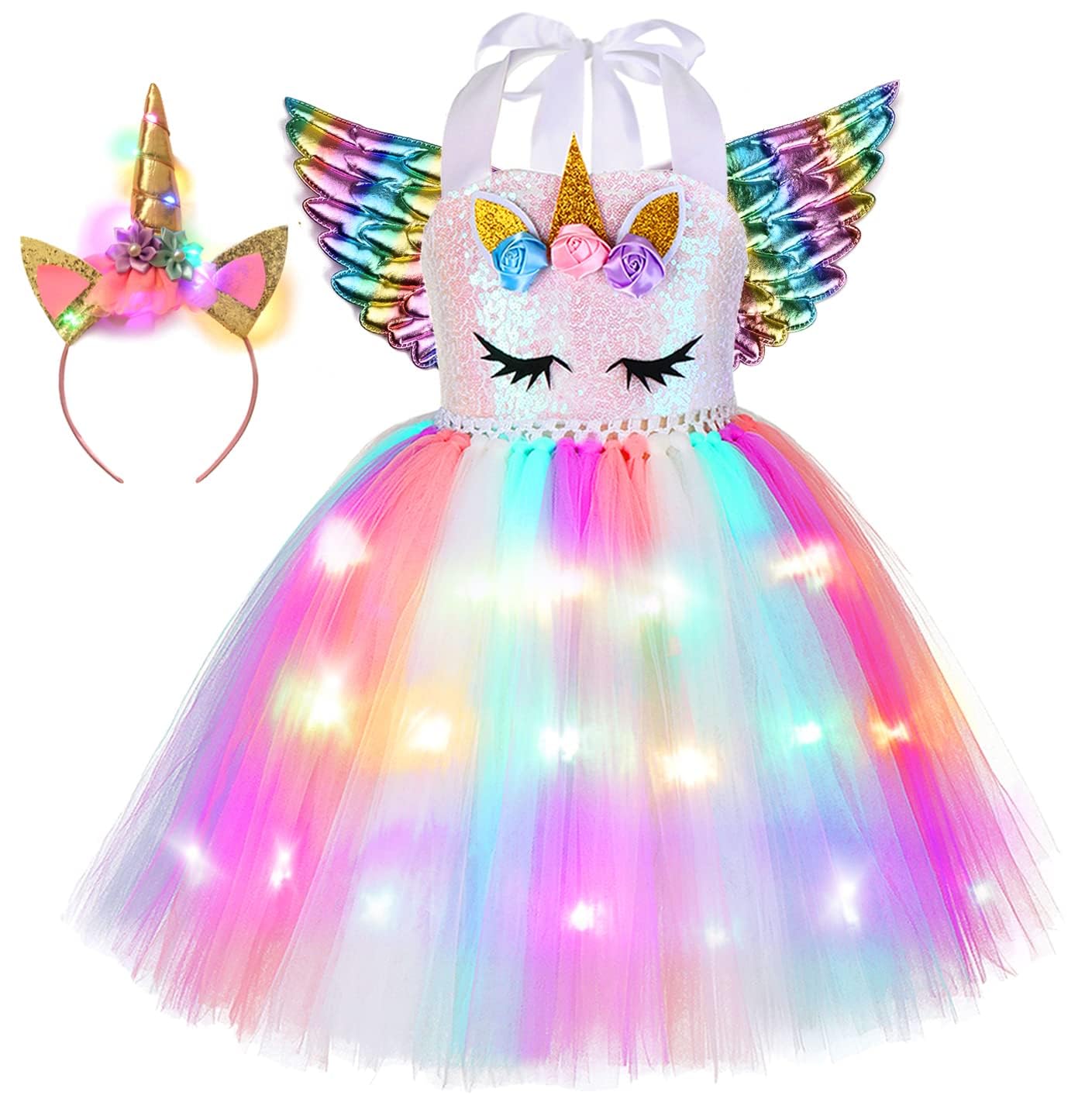 Tutu Dreams Led Unicorn Dress For Girls Rainbow Light Up Halloween Costumes Christmas Gifts (Pink, 9-10 Years)