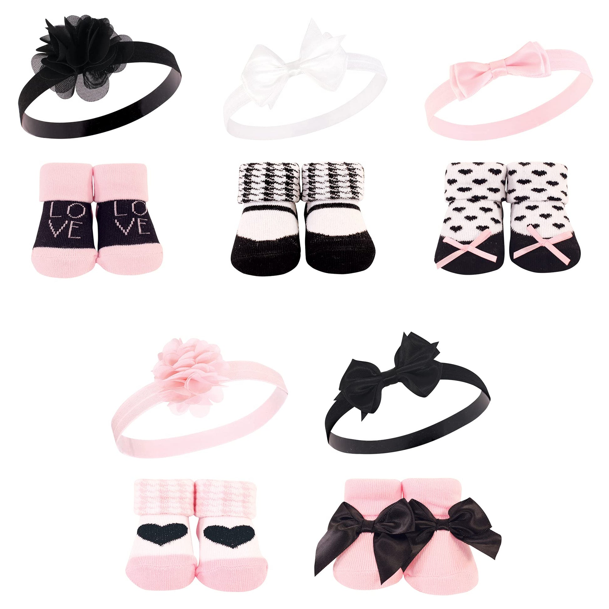 Hudson Baby Baby Girls' Headband And Socks Giftset, Pink Black Love 10-Pack, One Size