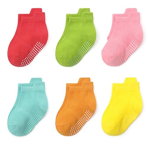 Qiyiendian 6 Pairs Non Slip Cozy Warm Ankle/Low Cut Socks With Grips For Baby Infant Toddler Kids Boys Girls(4-Multicolor B,6-12