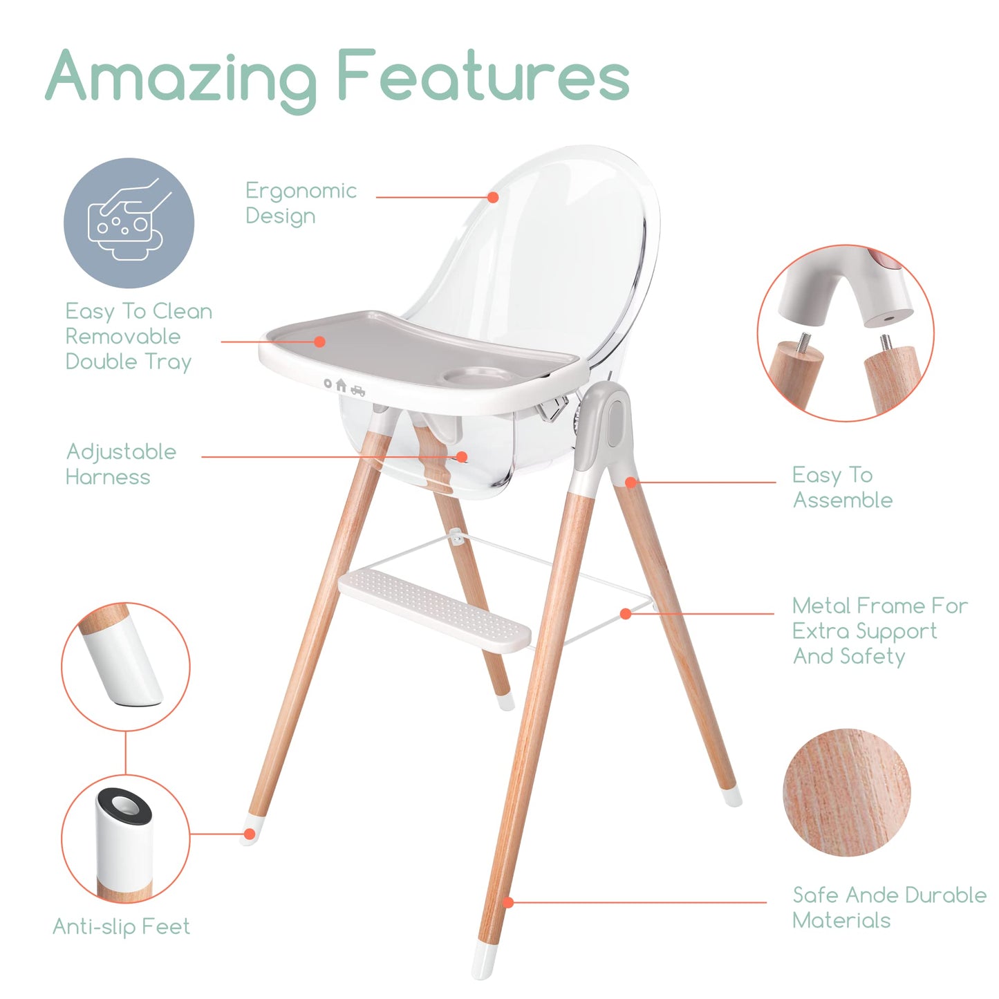 Children Of Design Classic Non-Reclinable 6 In 1 Wooden High Chair - Clear