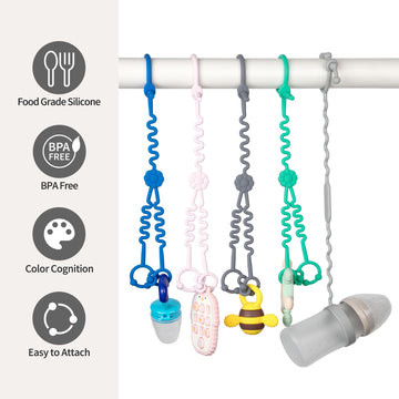 Baby Toy Straps - 1 Drag 2 Design For Toy Safety - 5 Food-Grade Silicone Straps For Strollers, High Chairs, Cribs & Car Seats -