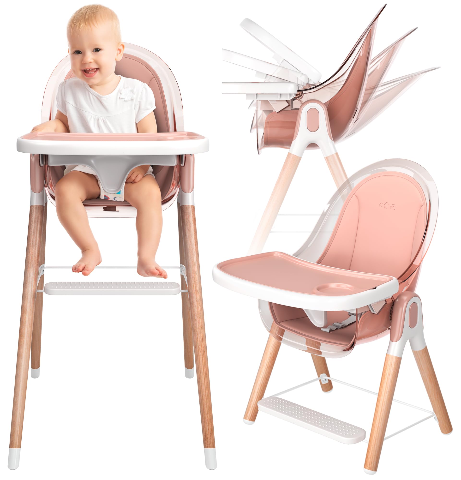 Children of Design 6 in 1 Deluxe Wooden High Chair for Babies & Toddlers Modern Safe Compact Baby Highchair, Easy to Clean, Remo