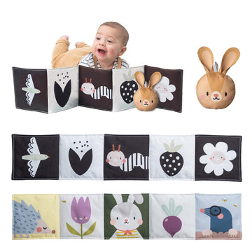 Taf Toys Bunny Pram Book & Toy Set | High Contrast Black & White Infant Visual Stimulation | Soft Fabric for Newborn Cognitive D