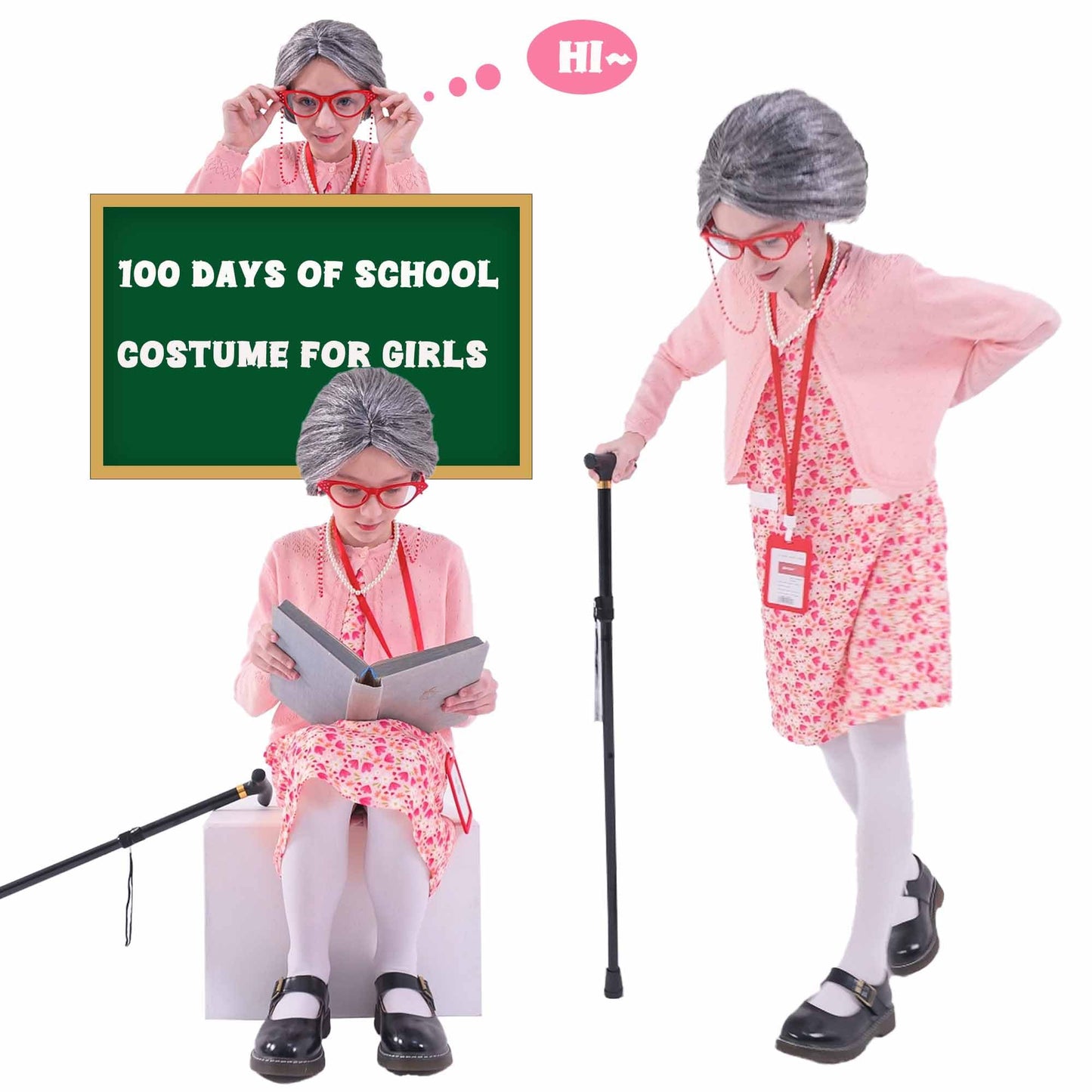 Watlie Old Lady Costume For Kids 100 Days Of School Costume For Girls, Granny Costume Old Lady Wig Halloween Grandma Costume For