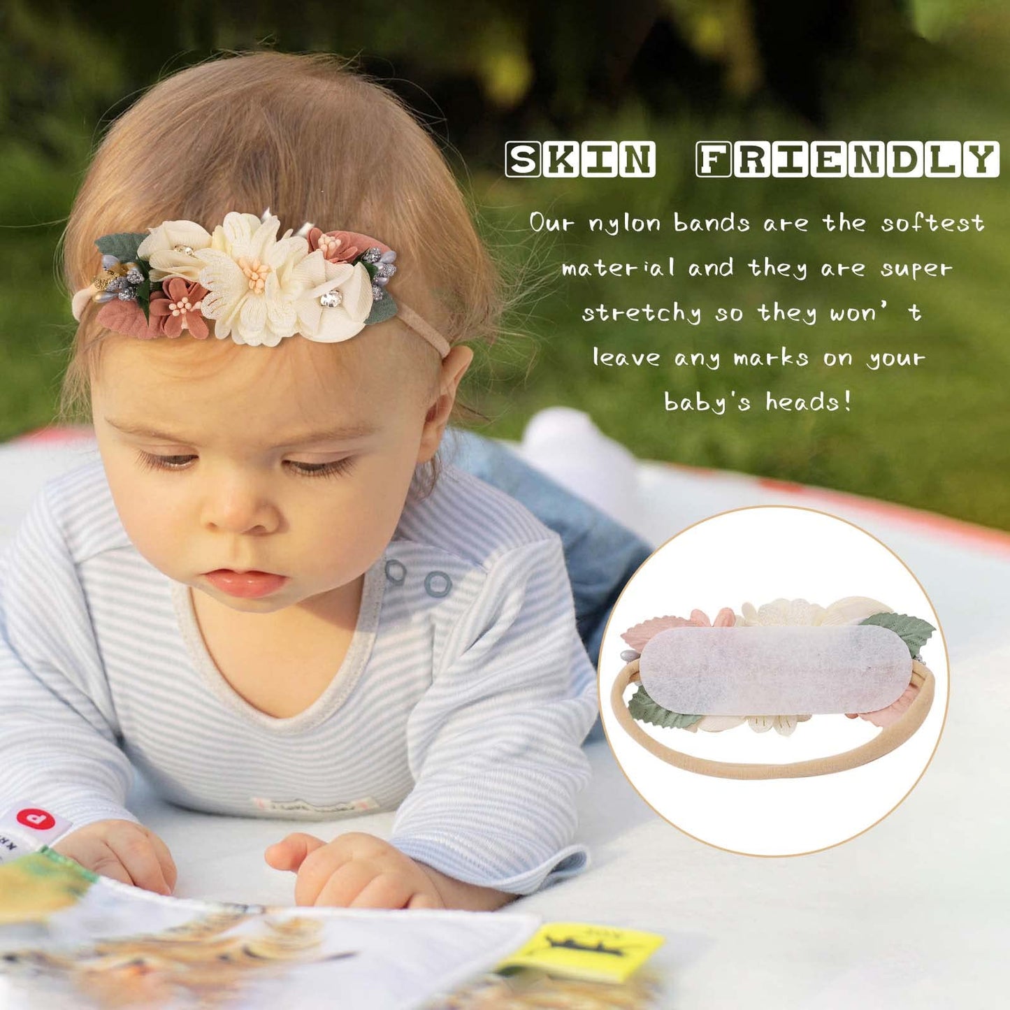 Vobobe Baby Girl Nylon Headbands Infant Flower Elastic Hair Band Bows Wraps For Newborn Toddler Hair Accessories Pack Of 3 (C-Be