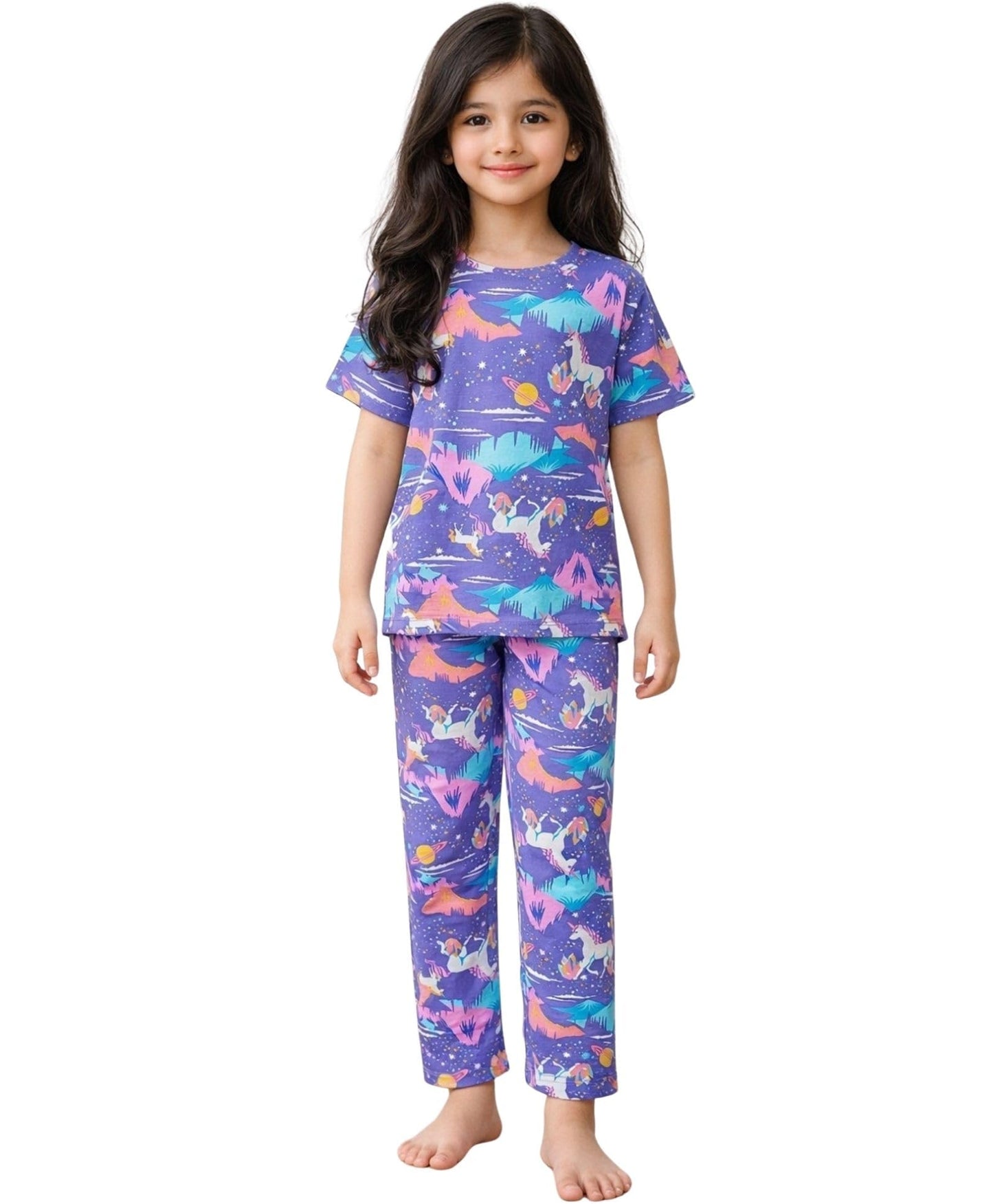 ANTHRILO Summer Unicorn Planet Short Sleeve Pyjama Set  Purple