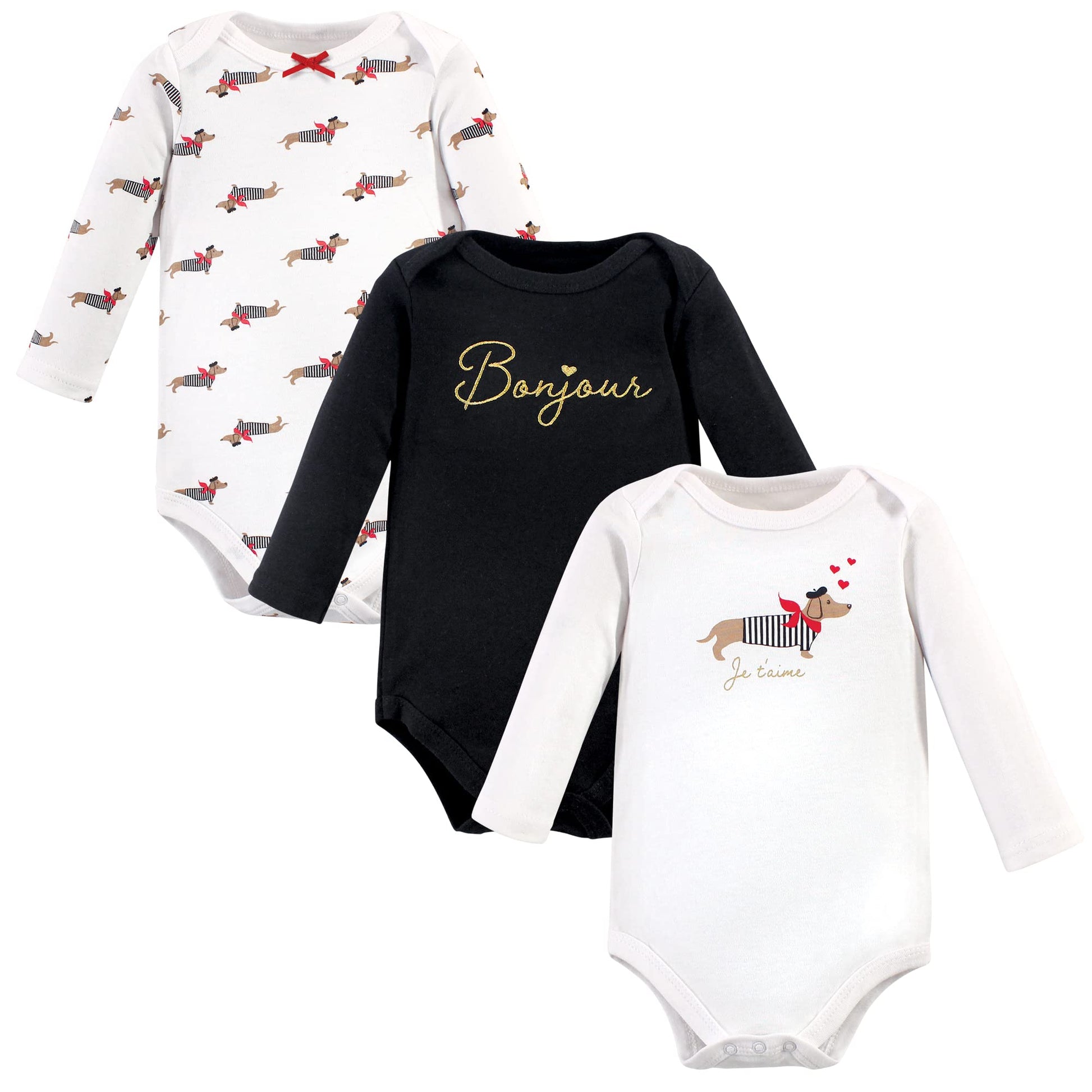 Hudson Baby Unisex Baby Cotton Long-Sleeve Bodysuits, Bonjour Dachshund, 0-3 Months