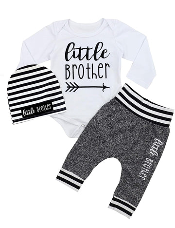 Fommy Baby Boy Clothes 0-3 Months Little Brother Newborn Outfit Long Sleeve Romper+Long Pants+Stripe Hat 3Pcs Baby Boy Outfits S