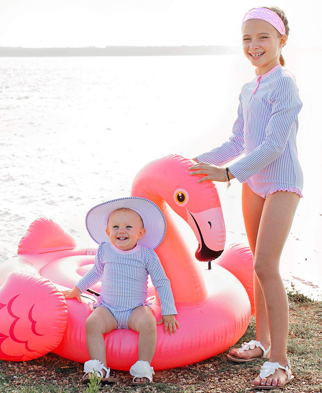 Rufflebutts Baby/Toddler Girls Long Sleeve One Piece Swimsuit - Blue Seersucker With Upf 50+ Sun Protection - 12-18M