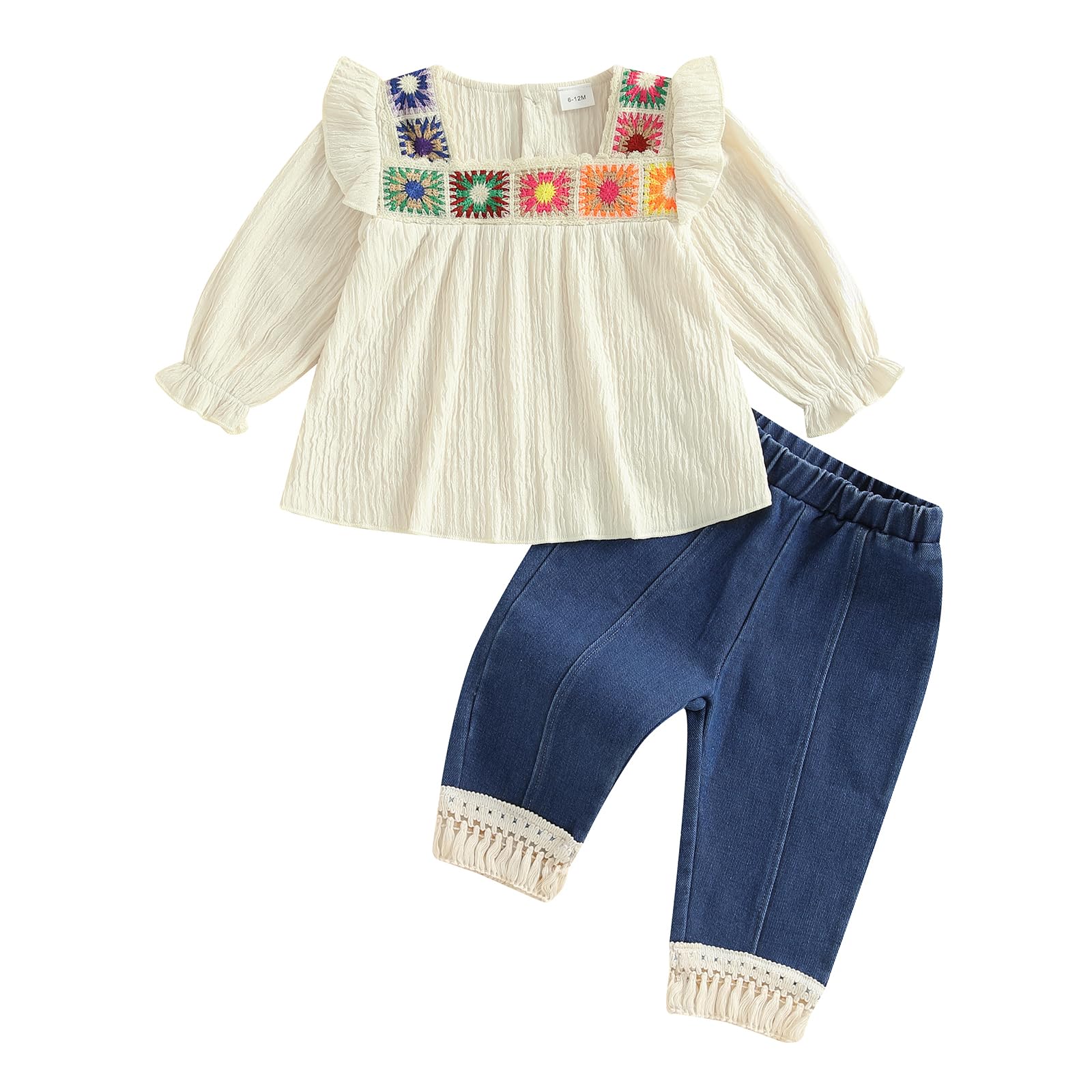 VISGOGO Baby Girl Outfit Crocheted Floral Top Linen 12 18 24M 2T 3T 4T Todder Clothes Tops + Tassel Denim Pants Set (Apricot, 2-