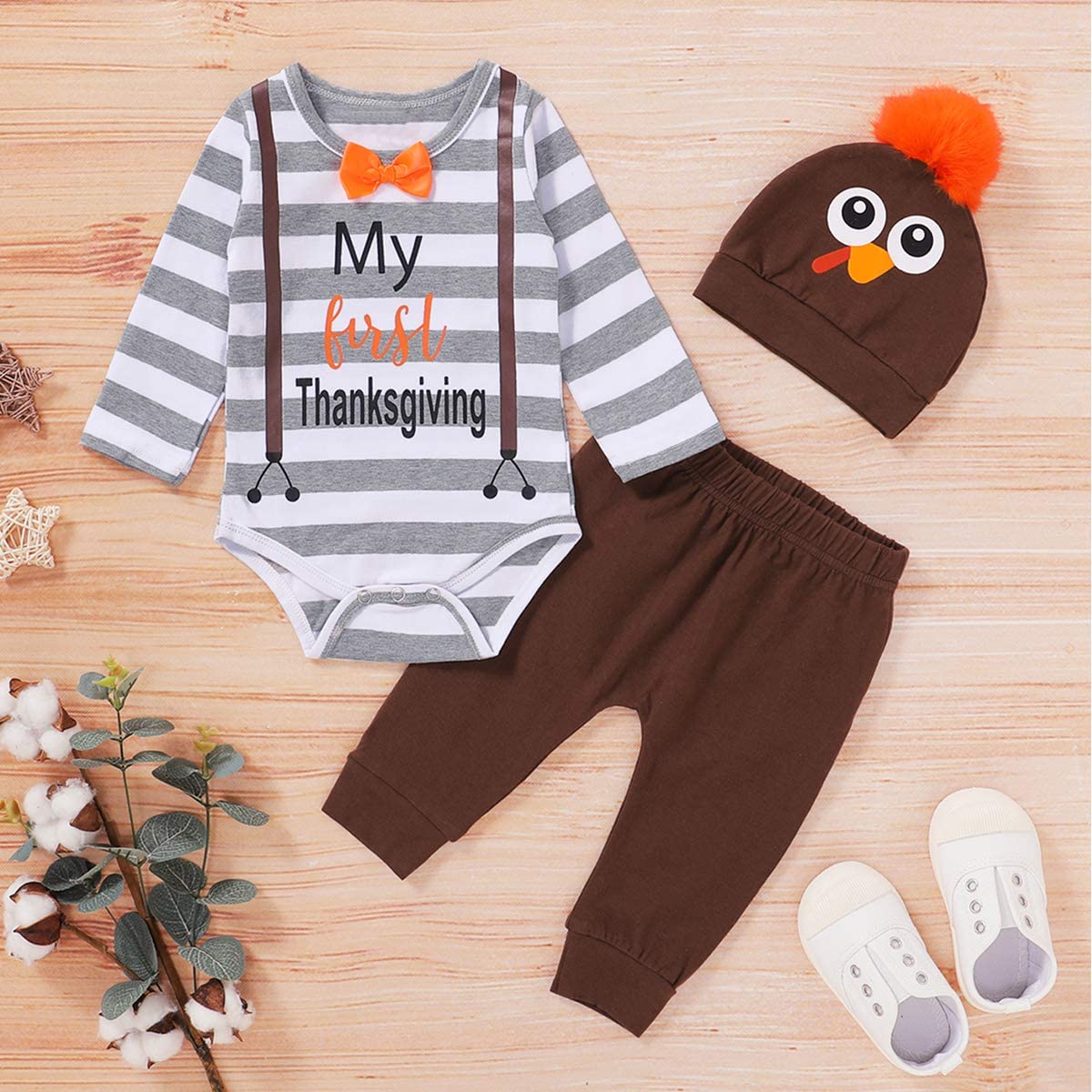 Detigee Baby Boy My 1St Thanksgiving Pant Set Newborn Turkey Bodysuit With Hat (Brown,0-3 Months)
