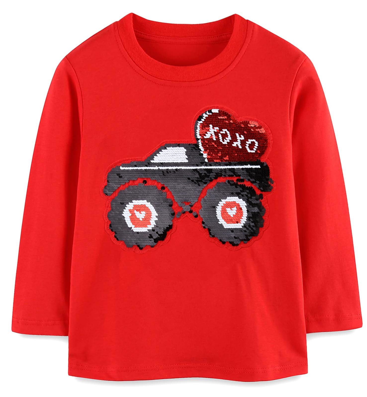 Kids Boys T-Shirt Valentines Flip Sequin Heart Shirt Tractor Love Girls Tops Long Sleeve Toddler Baby Tees 3T