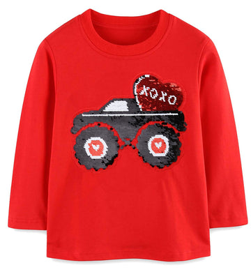 Kids Boys T-Shirt Valentines Flip Sequin Heart Shirt Tractor Love Girls Tops Long Sleeve Toddler Baby Tees 3T
