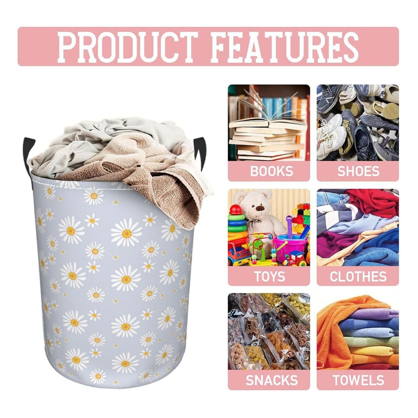 Gbuzozie Daisy Flowers Round Laundry Hamper Storage Basket Toys Clothes Organizer Bin For Home Bathroom Bedroom Dorm Nursery, 62