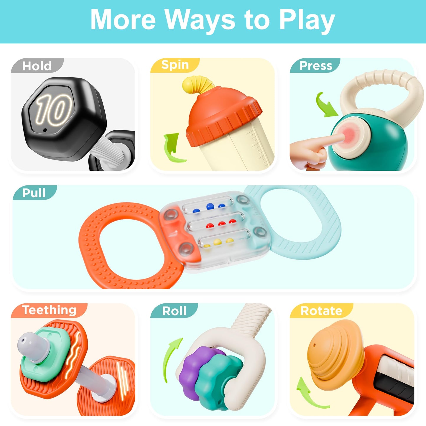 iPlay, iLearn Baby First Gym Rattle Set, Infant Dumbbell Weights Teething Rattles 3-6-12 Month, Newborn Workout Sensory Stroller