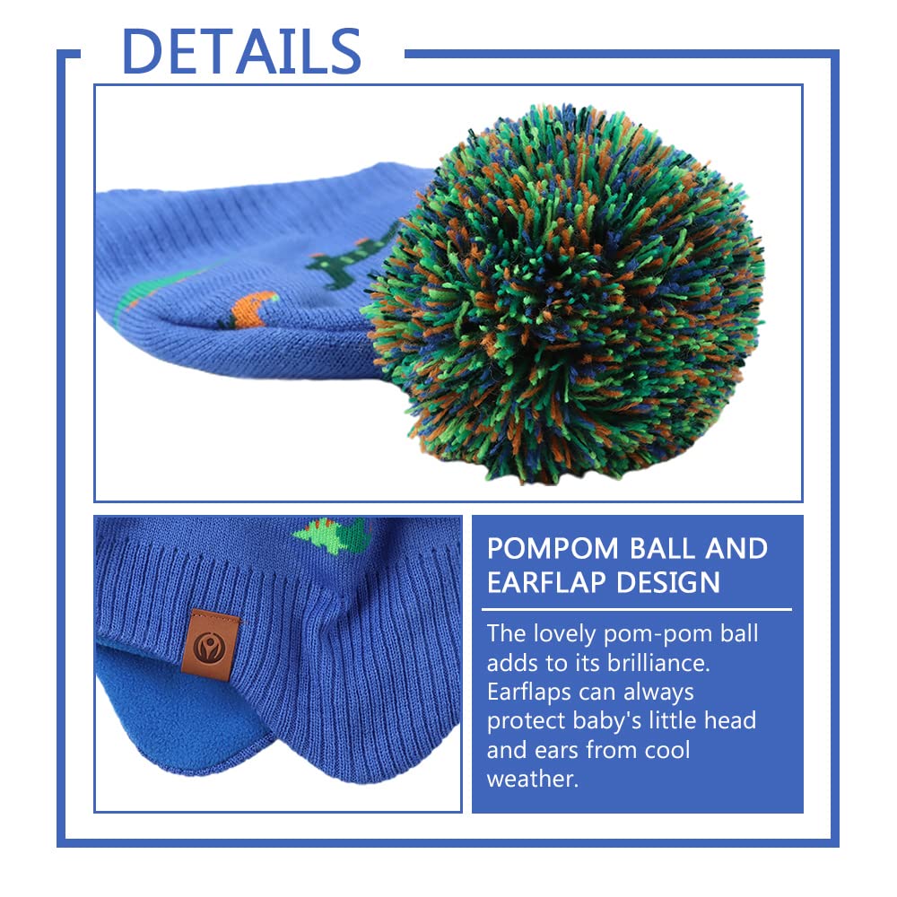 Knitted Baby Hat Scarf Set Winter Warm Boys Girls Beanie Fleece Lining Toddler Kids Hat With Pompom(Royal Blue Dinosaur Hat,M)