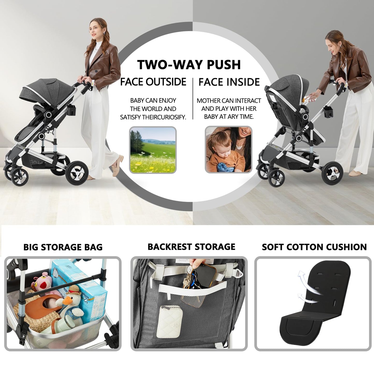 Kinder King 2 in 1 Convertible Baby Stroller, Folding High Landscape Infant Carriage, Newborn Reversible Pram, Diaper Bag, Anti-