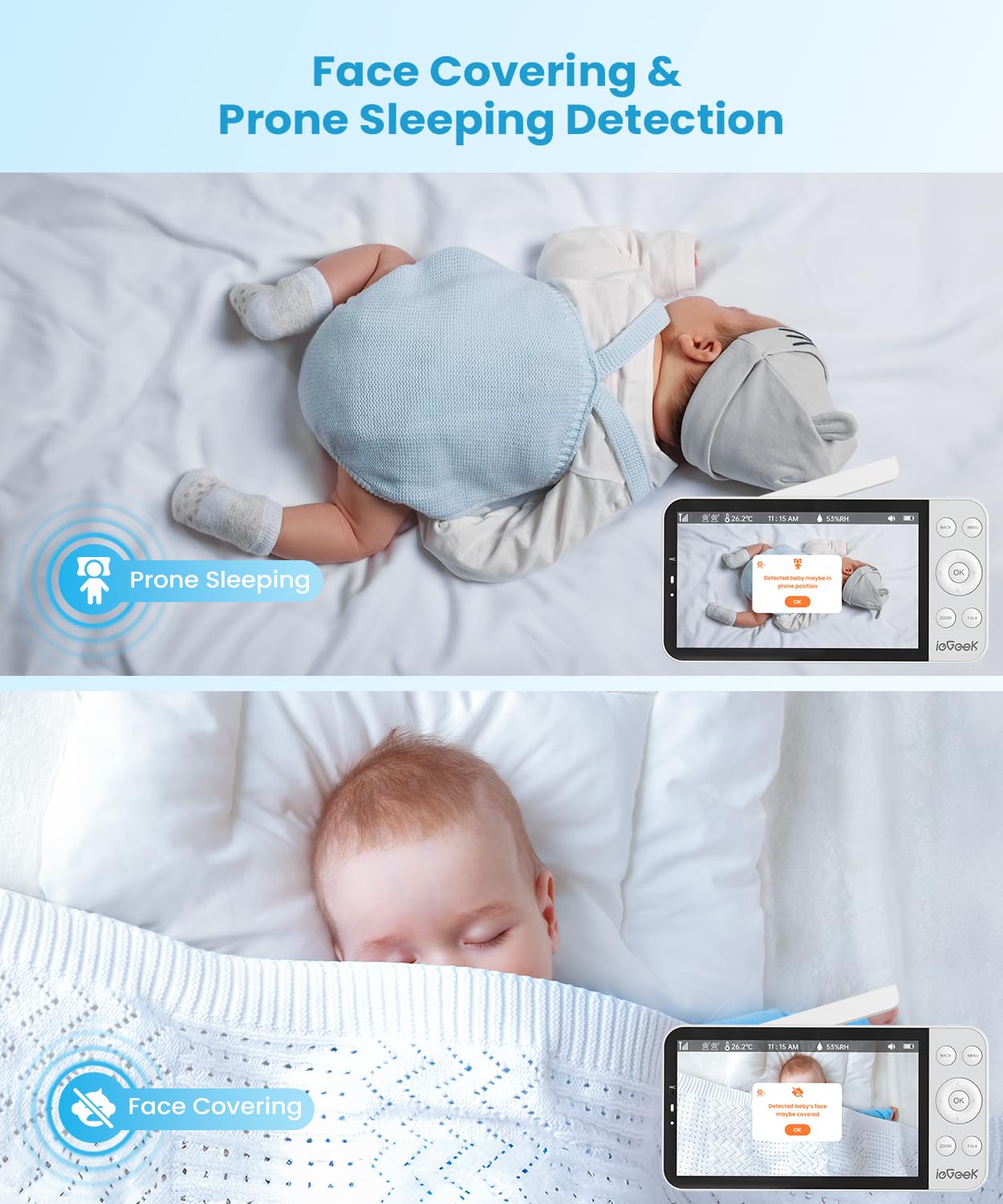 Iegeek 5.5 Split-Screen Baby Monitor,2.5K Uhd Baby Monitor With 2 Cameras And Audio,Night Light,Prone Sleeping&Cry Detection,Two