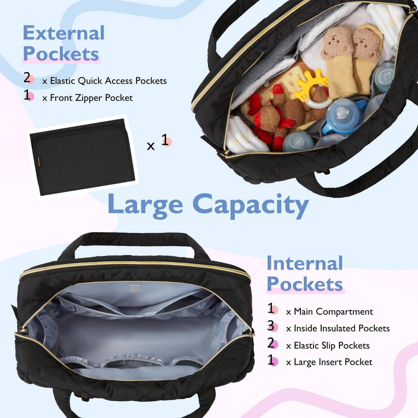 Mommore Diaper Bag Tote Large Expandable Baby Travel Tote For 2 Kids Twins, Quilted Hospital Bag For Mom, Weekender