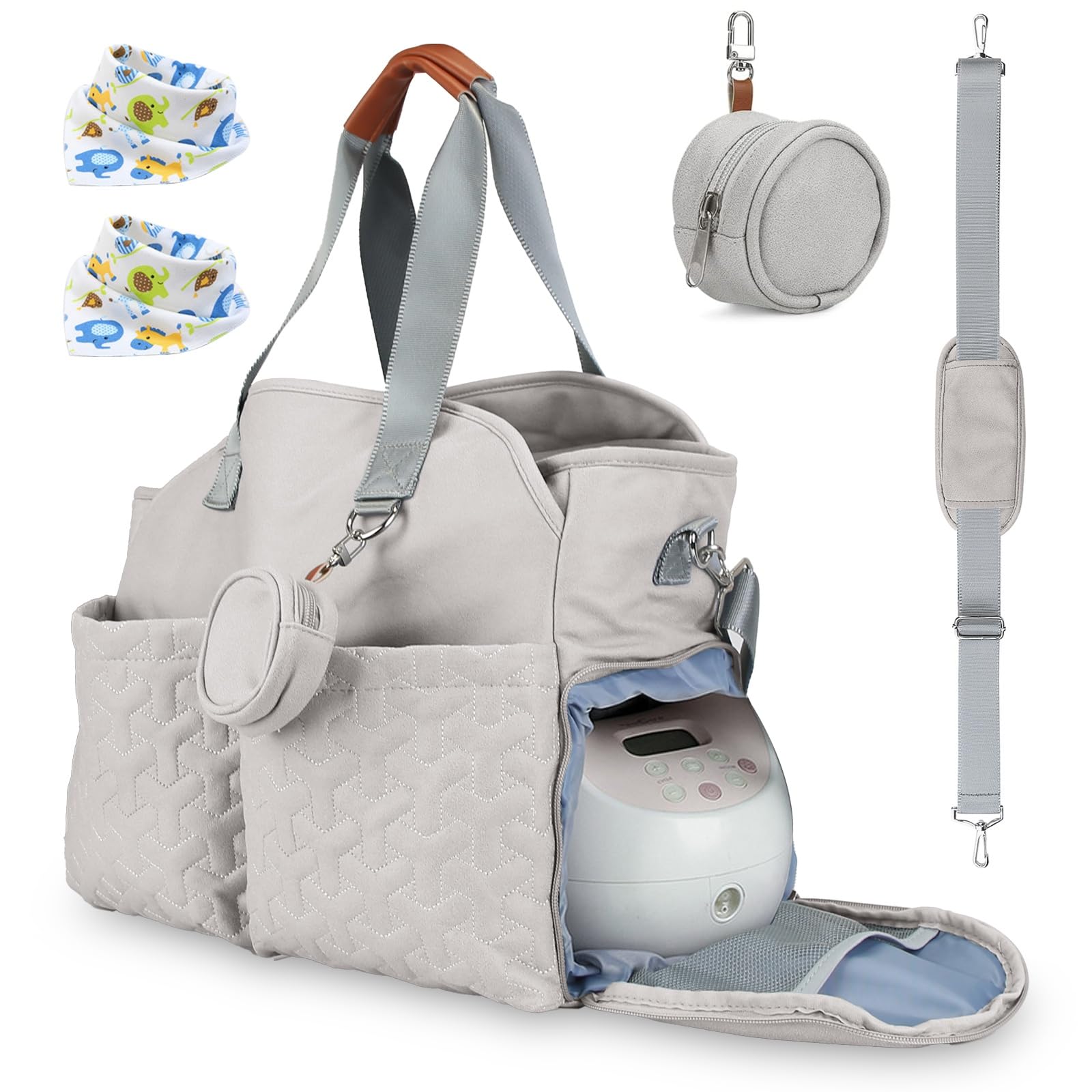 TeqHome Breast Pump Bag Diaper Tote Bag with Detachable Shoulder Strap & 2 Baby Bibs Fit Most Breast Pumps Like Medela, Spectra 