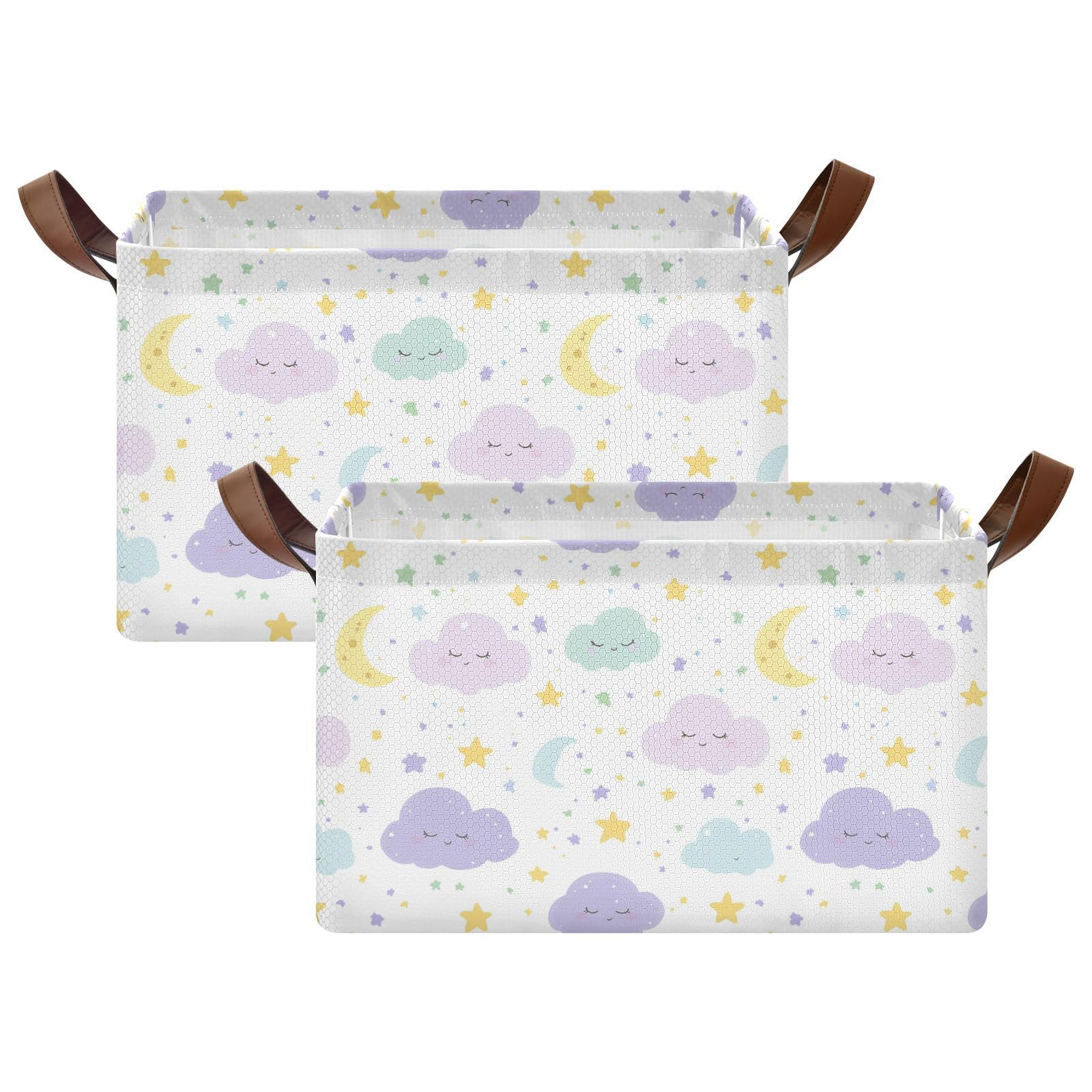 Cute Clouds Moon and Stars Purple Baby Storage Basket with Labels&Handles Rectangular Waterproof Nursery Storage Bins Collapsibl
