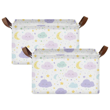 Cute Clouds Moon and Stars Purple Baby Storage Basket with Labels&Handles Rectangular Waterproof Nursery Storage Bins Collapsibl