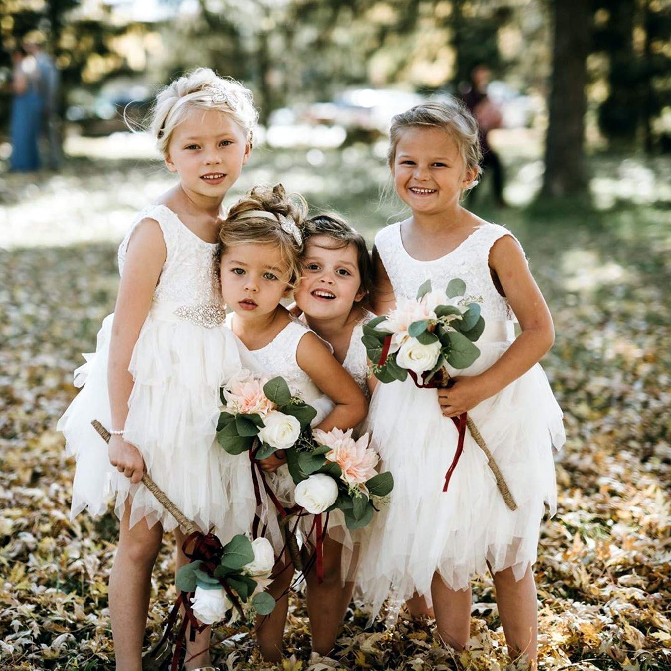 2Bunnies Girl Peony Lace Back A-Line Tiered Tutu Tulle Flower Girl Dress (No Applique White, 5)