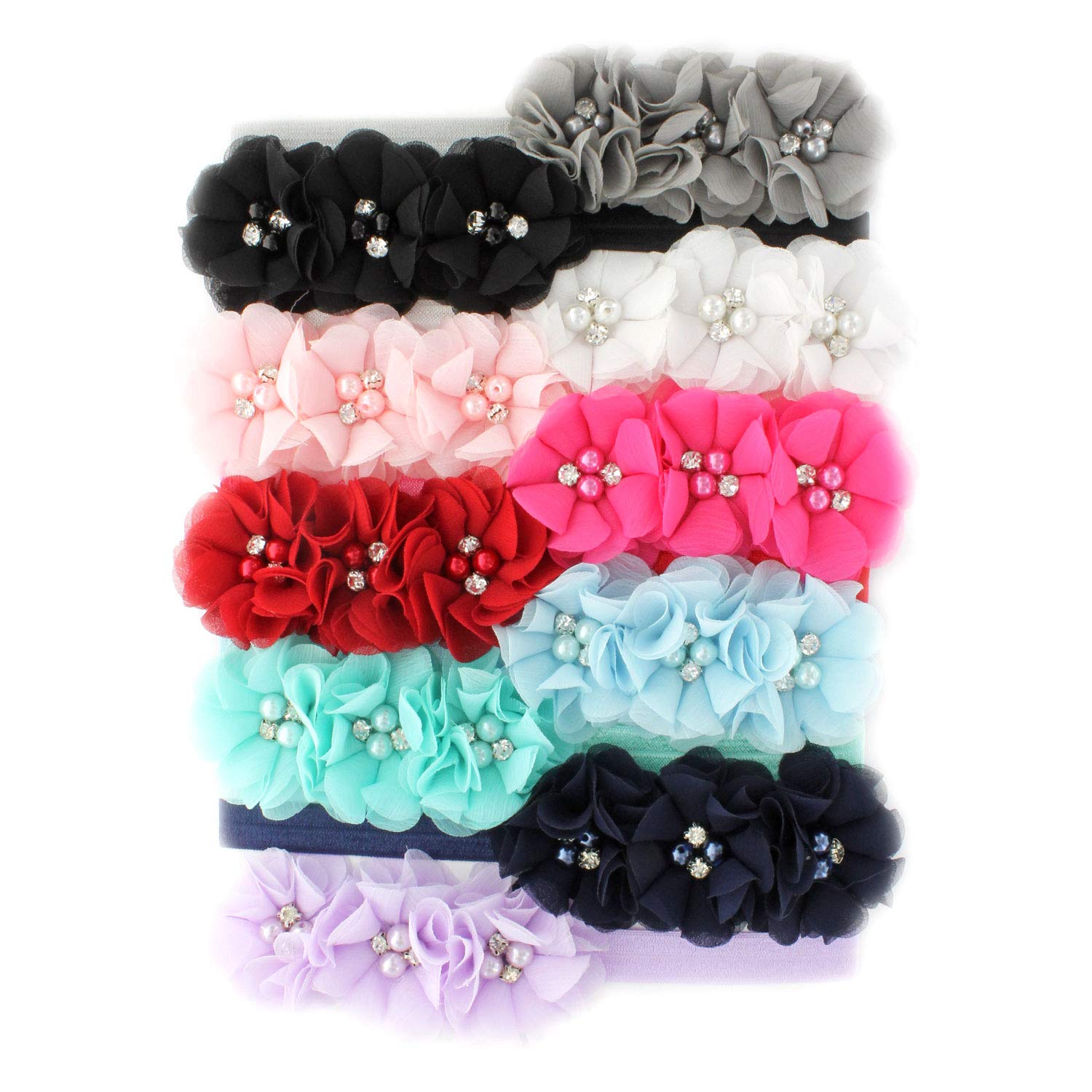 My Lello Baby Flower Headbands Fabric Beaded Trio Stretchy Elastic Variety Pack Classic Popular Colors 10 Pcs