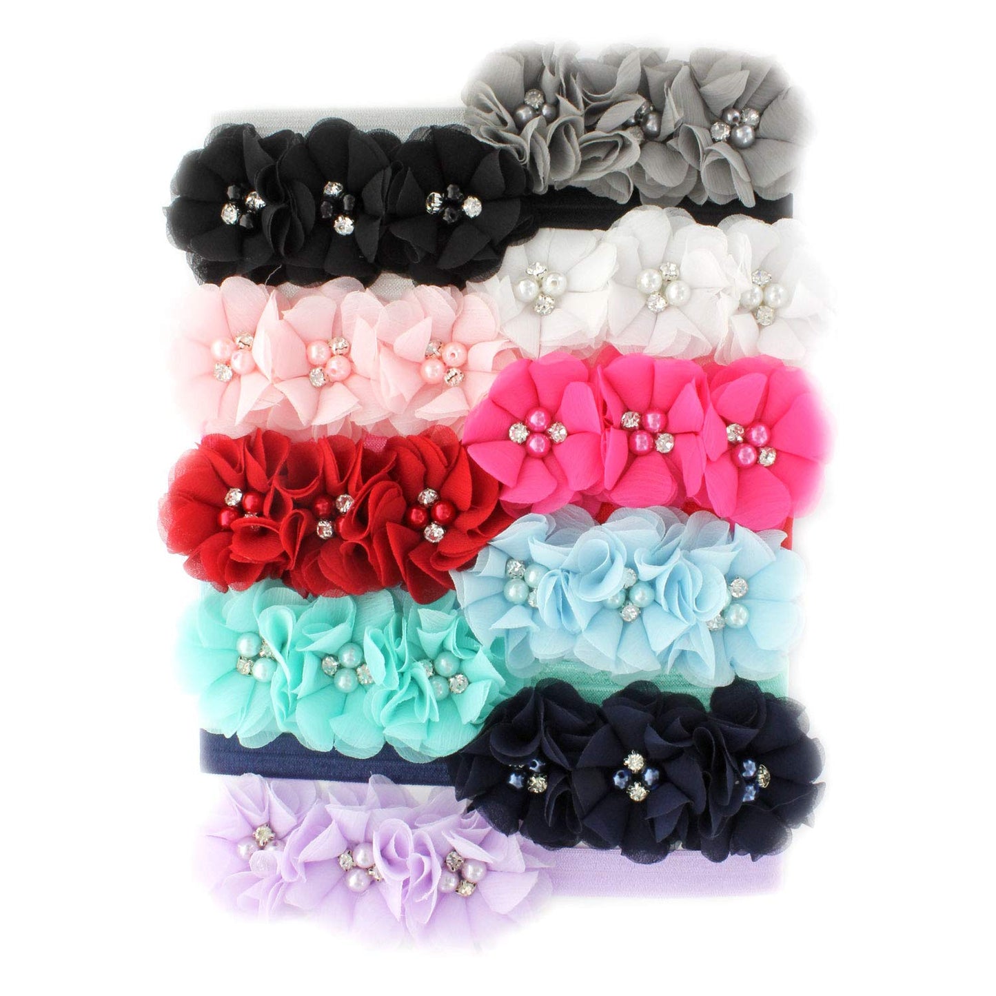 My Lello Girls Flower Headbands Fabric Beaded Trio Stretchy Elastic Variety Pack Classic Popular Colors 10 Pcs