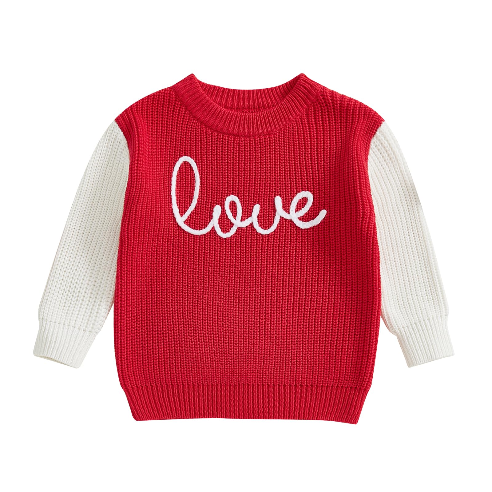 Girls Valentines Day Sweater Toddler Girl Valentines Day Outfit Love Embroidery Knit Pullover Sweatshirt Top(G-Red Love,6-7T)