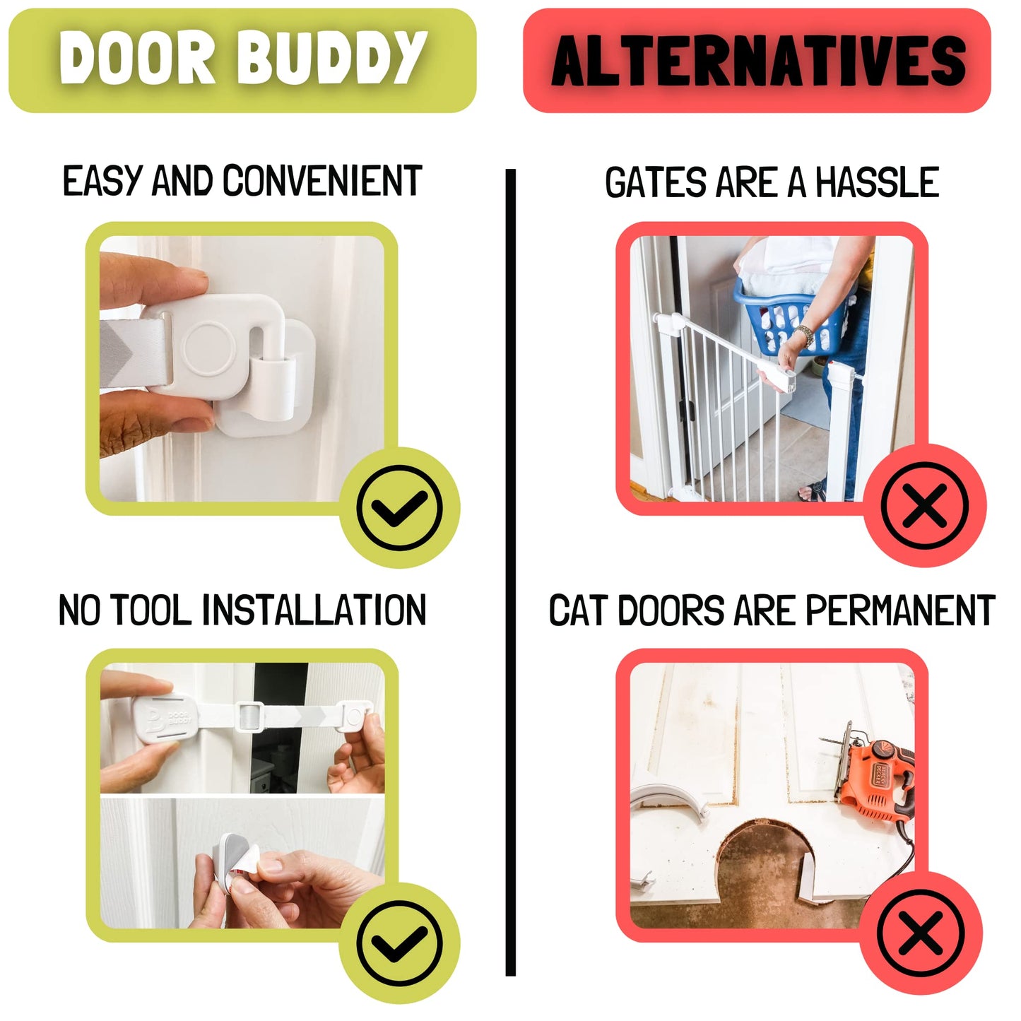 Door Buddy Child Proof Door Lock & Cat Door Stopper. Adjustable Door Strap Latch To Baby Proof Door & Keep Toddler Out Of Cat Fo