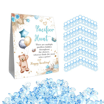 Guawubiang Winnie Pacifier Hunt Sign, Mini Pacifiers Baby Shower Game Set, Pacifier Hunt Baby Shower Game, 50Pcs Blue Mini Pacif