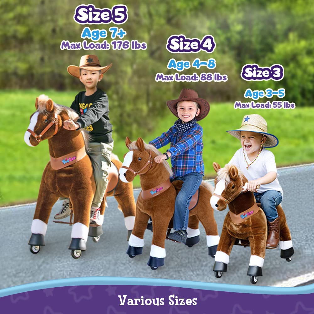 PonyCycle Official Ride-On Horse No Battery No Electricity Mechanical Pony Brown with White Hoof Giddy up Pony Plush Walking Ani
