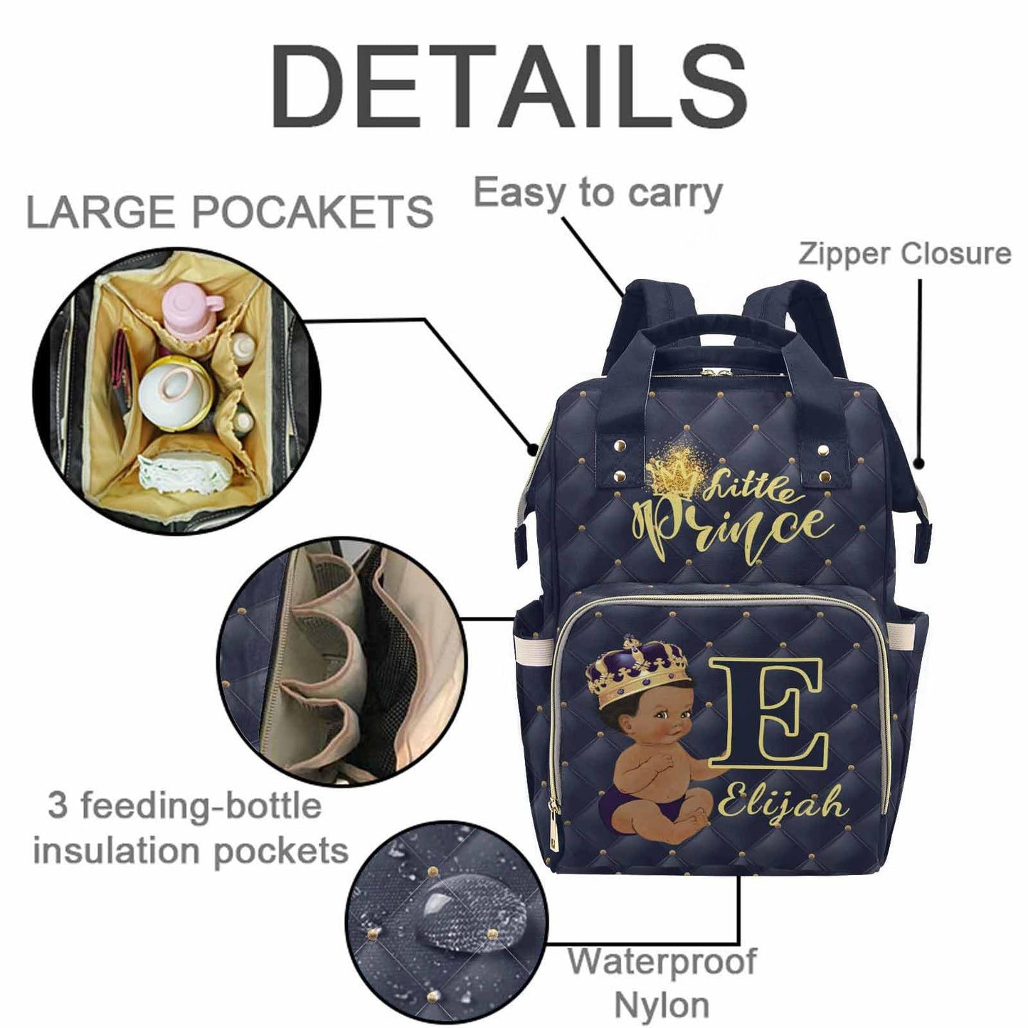 M Yescustom Personalized Diaper Bag For Boys Baby, Large Capacity Custom Blue Crown Diaper Bag With Name, Waterproof Boys Baby B