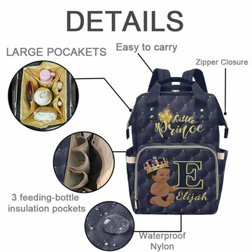M Yescustom Personalized Diaper Bag For Boys Baby, Large Capacity Custom Blue Crown Diaper Bag With Name, Waterproof Boys Baby B