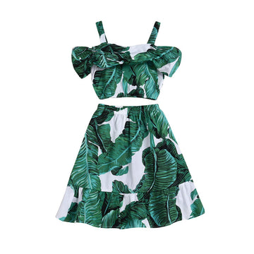 Boebnozcv Toddler Baby Girl Strap Banana Leaf Print Strappy Cold Shoulder Cropped Top + Long Skirts Outfits Clothes Set (Green,