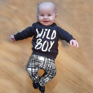 Newborn Baby Boys Clothes Wild Boy Letter Print T-Shirt Tops And Pants Outfits Set Autumn Winter(01 Black,18-24 Months)