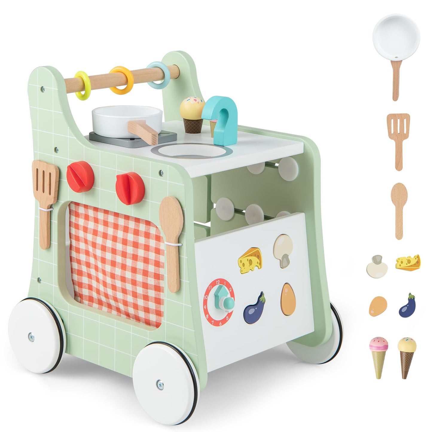 BABY JOY 6 in 1 Wooden Baby Walker, Toddler Pretend Play Kitchen Playset, Push and Pull Sit-to-Stand Learning Walker Activity Ce