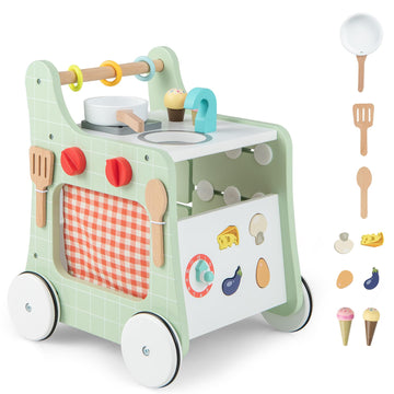 BABY JOY 6 in 1 Wooden Baby Walker, Toddler Pretend Play Kitchen Playset, Push and Pull Sit-to-Stand Learning Walker Activity Ce