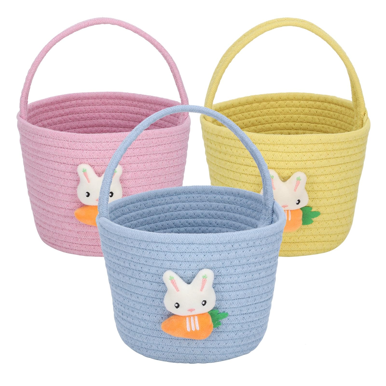 3 Pack Personalized Easter Baskets,Woven Easter Gifts Basket With Handle Cotton Bunny Baskets For Eggs Hunt Easter Basket Stuffe
