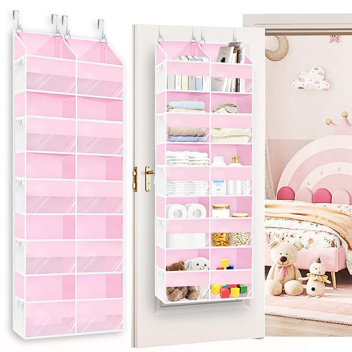 Pink Over the Door Organizer 5 Tiers, Extra Large Behind Door Storage of 10 Compartments,50 lbs Weight Capacity Over the Door St